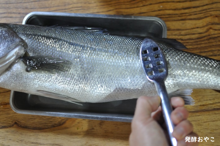 スズキのうろこを取る